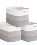 Woven Rope Storage Baskets Set Of 3 For Books Toys Towels And Magazines, Small Rectangle Organizer Bins, Grey Decor, 15 By 10 By 9 Inches