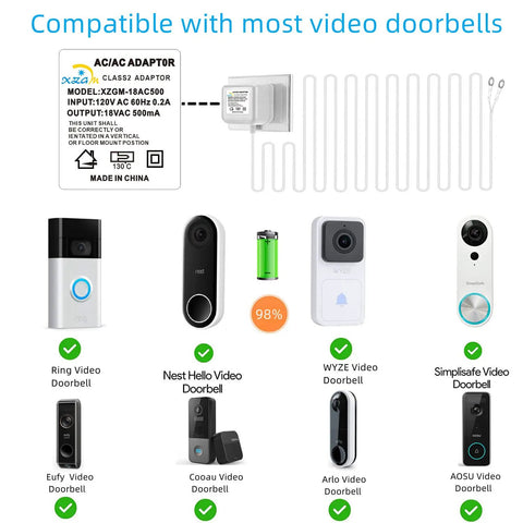 Long Lasting Plug In 18V 500mA Video Doorbell Power Adapter with 315 Inch Cable compatible with Ring, Nest, Arlo, and more.