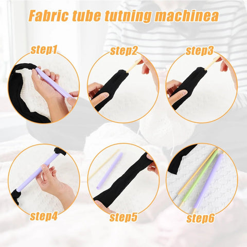10-piece Tube Turner sewing tool set with pastel-colored plastic turning tubes for fabric turning and straps.