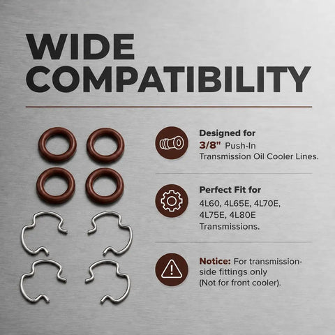 3/8 Inch Transmission Oil Cooler Line Replacement Clips And O-Rings Kit With E-Clips For 4L60, 4L65E, 4L70E, 4L75E, 4L80E Transmissions