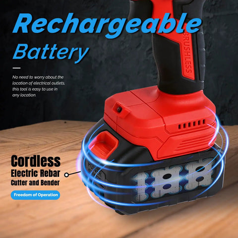 Portable Cordless Electric Rebar Cutter And Bender showing rechargeable battery, compact design for easy use in construction.