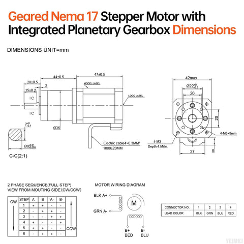 Geared Nema 17 Stepper Motor With Integrated Planetary Gearbox dimensions and wiring diagram