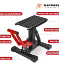Heavy Duty 1000Lbs Dirt Bike Stand And Powersport Hydraulic Jack with steel construction, shown in assembled view.