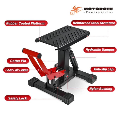 Heavy Duty 1000Lbs Dirt Bike Stand And Powersport Hydraulic Jack with steel construction, shown in assembled view.