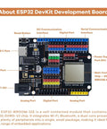 ESP32 Smart Home Starter Kit with Voice Recognition and App Control, showing labeled ESP32 DevKit board layout.