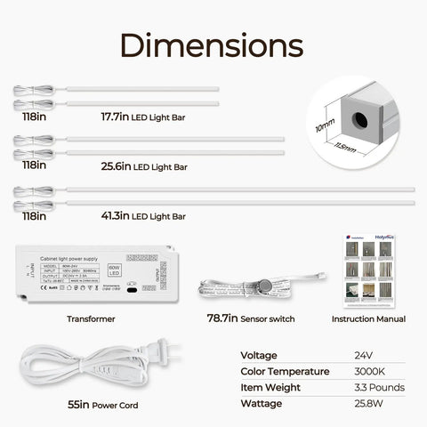 Dimensions of Easy-Install Self-Adhesive Dimmable LED Light Strips Kit For Slat Wall Panels And Wood Walls 6-Piece Set 3000K