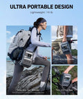 Hiker carrying Solix C300 Portable Power Station 288Wh LiFePO4 Battery With 300W Continuous Power And 600W Surge 140W Two Way Fast Charging Eight Versatile Ports Your Go To Solar Generator For Camping Travel And Emergencies on a rocky beach.