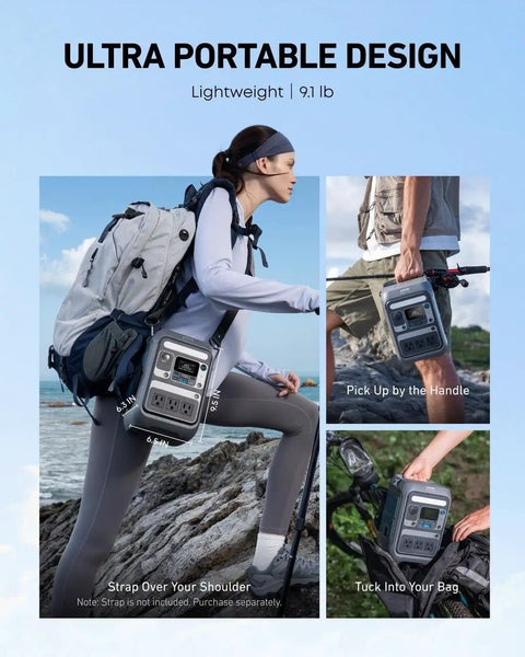 Hiker carrying Solix C300 Portable Power Station 288Wh LiFePO4 Battery With 300W Continuous Power And 600W Surge 140W Two Way Fast Charging Eight Versatile Ports Your Go To Solar Generator For Camping Travel And Emergencies on a rocky beach.