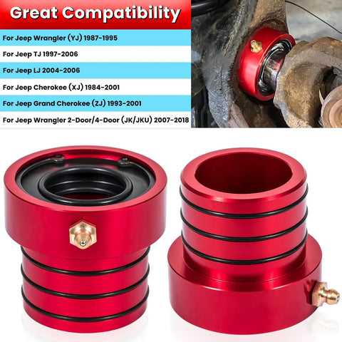 Premium Dana 30 And 44 Front Axle Tube Seal Pair Including Inner Axle Side Seal Installation Tool For Jeep Wrangler Jk Jku Tj Lj Yj Cherokee Xj Zj 1984 2018 red aluminum seals close-up view
