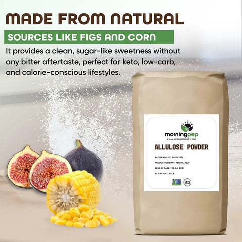 Allulose Sweetener Bulk 55 Lb No Erythritol Zero Calorie Sugar Substitute For Keto Baking And Beverages Non GMO Project Verified OU Kosher No Fillers Only with figs and corn shown.