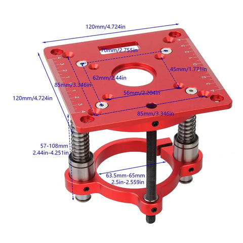 Heavy Duty Aluminum Router Table Lifting System With Circle Clamping For 63.5 To 65mm Milling Machines CNC Precision Processing Anodized Outer Layer Pro Grade DIY Woodworking Precision Kit, red