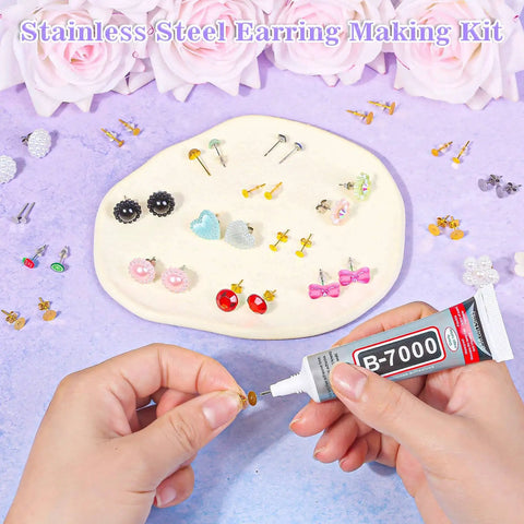 Hands gluing earring parts with 600 Piece Stainless Steel Earring Post And Back Set For Do It Yourself Jewelry Making