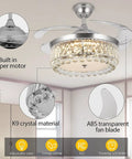 42 Inch Reversible Crystal Ceiling Fan With Lights And Remote Control, Stepless Dimming LED Chandelier Style Ceiling Fan, Invisible Retractable Blades, Fandelier Light Fixture For Living Room with built-in copper motor, K9 crystal, and ABS transparent blades.