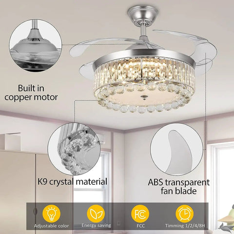 42 Inch Reversible Crystal Ceiling Fan With Lights And Remote Control, Stepless Dimming LED Chandelier Style Ceiling Fan, Invisible Retractable Blades, Fandelier Light Fixture For Living Room with built-in copper motor, K9 crystal, and ABS transparent blades.
