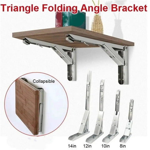 Two Pieces Adjustable Wall Mounted Triangle Folding Bracket Set For Shelves And Benches Heavy Duty Silver, extended and folded view