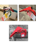 Red Stainless Steel Ball And Gate Valve Lockout Device securing pipe with padlock and tags, showing industrial safety application