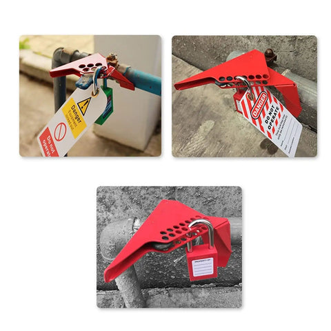 Red Stainless Steel Ball And Gate Valve Lockout Device securing pipe with padlock and tags, showing industrial safety application