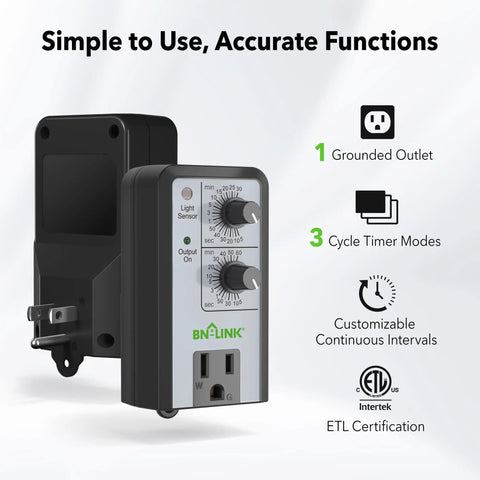 Repeat Cycle Intermittent Timer for Auto On Off with controls and outlet, showcasing features like dusk to dawn photocell sensor.