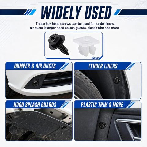 Genuine Fit 30 Piece Bumper Screw And Nylon Grommet Kit For Splash Shield And Fender Liner Repairs showing screws for fender liners and splash guards.
