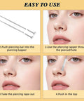 Piercing Ball Grabber Tool Kit For Jewelry Changes Must Have Internal And External Threaded Inserts Non Threaded Inserts Perforated Ball Gripper stainless steel flat back earring applicator shown with instructions for use on nose.