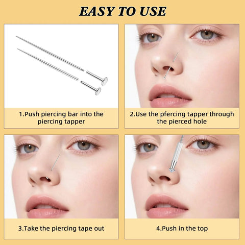Piercing Ball Grabber Tool Kit For Jewelry Changes Must Have Internal And External Threaded Inserts Non Threaded Inserts Perforated Ball Gripper stainless steel flat back earring applicator shown with instructions for use on nose.