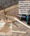 8 Piece Titanium Coated HSS Twist Drill Bit Set Featuring Serrated Side Cutting Edge positioned on wood with tools and shavings.