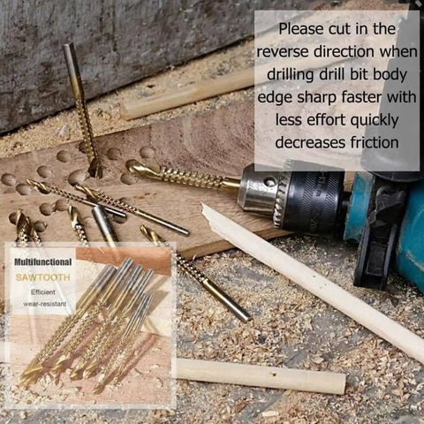 8 Piece Titanium Coated HSS Twist Drill Bit Set Featuring Serrated Side Cutting Edge positioned on wood with tools and shavings.