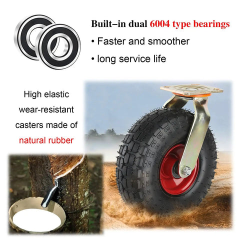 Close-up of 10 Inch Heavy Duty Rubber Casters with dual 6004 type bearings for smooth rolling and durability.