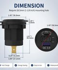 Dimensions of Straight Shooter 12V USB C Car Charger Socket, waterproof dual USB outlet with digital voltmeter.