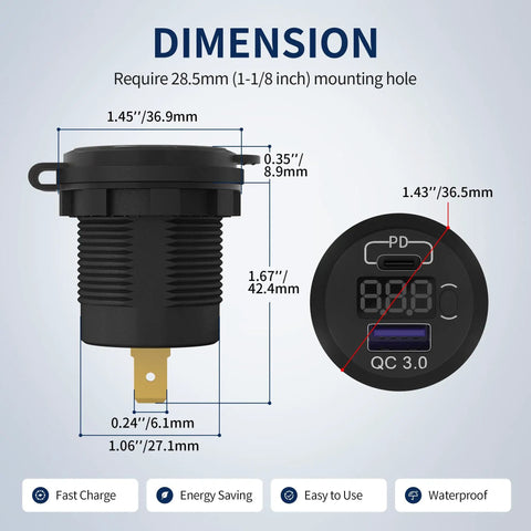 Dimensions of Straight Shooter 12V USB C Car Charger Socket, waterproof dual USB outlet with digital voltmeter.