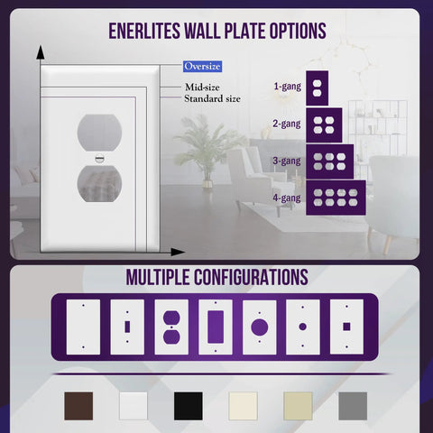 Image showing jumbo wall plate configurations, including Jumbo Duplex Outlet Wall Plate Covers Oversize 1 Gang 5.5 By 3.5 Gloss Finish White Polycarbonate Thermoplastic Durable Heat Resistant Fade Resistant UL94 V2 Easy Install 10 Pack.
