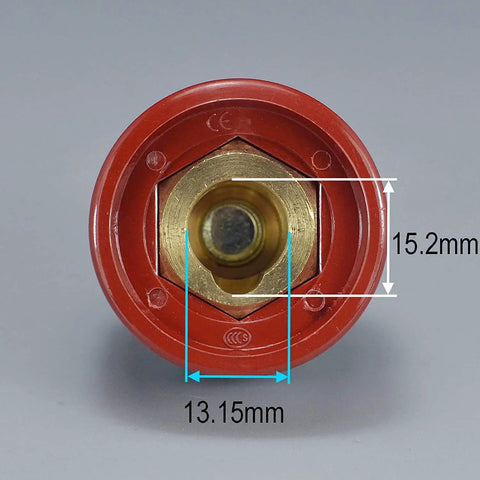 Red and gold connector front view, dimensions 13.15mm x 15.2mm, part of 315Amp Dinse Style TIG Welding Cable Panel Connector Plug And Socket Set DKJ35-50 DKZ35-50 Black And Red Quick Fittings For 35-50mm2 Wire Euro Style Connector Kit 4pcs