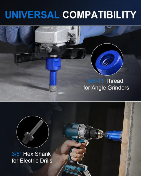 5/8 inch diamond hole saw and vacuum brazed wet dry core bit for porcelain tile used with compatible electric drill.