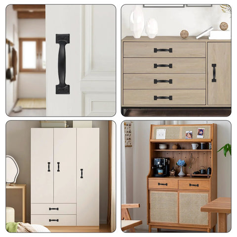 Two 5.5 Inch Black Door Pulls With Mounting Screws For Sliding Doors Cabinets Closets Drawers Gates Garages And Sheds Matte Modern Handle Hardware Includes 8 Screws, shown installed on various cabinets and furniture