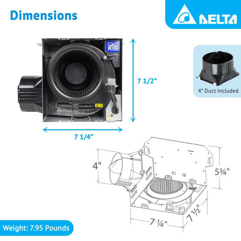 Illustration showing dimensions of 100 CFM Bathroom Exhaust Fan With Edge Lit Dimmable LED Light, Energy Efficient Brushless DC Motor