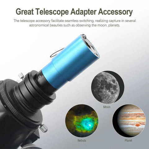 T2 Female To C Mount Telescope Camera Adapter for Telescopes and Macro Photography with images of Moon, Nebula, and Planet.