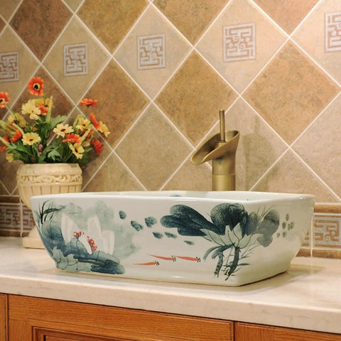 SDVantage Vessel Sink Retro Bathroom Vessel Vanity Sink Ceramic Vessel Sink Above Counter Bathroom Vessel Vanity Sink Rectangle Art Basin with floral design.