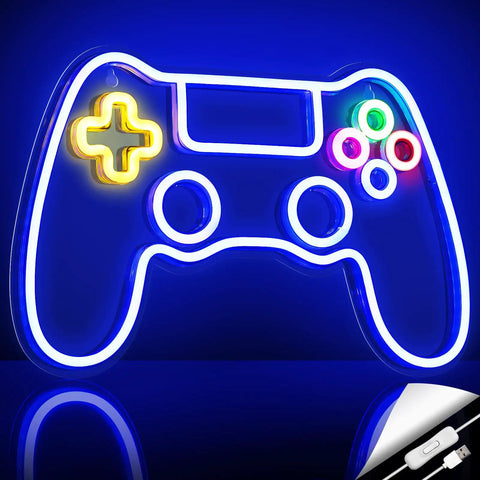 Neon game controller LED sign for gaming room decor USB powered night light shaped like classic gamepad glowing in blue and neon colors