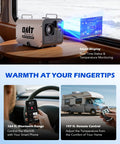 Portable 8KW Diesel Air Heater With Bluetooth Remote And CO Detector For RV Workshop Camper Van Dual Voltage 12V 24V DC on table.