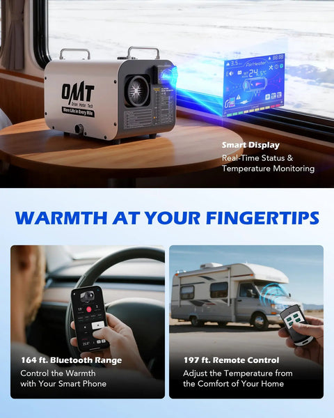 Portable 8KW Diesel Air Heater With Bluetooth Remote And CO Detector For RV Workshop Camper Van Dual Voltage 12V 24V DC on table.