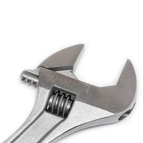 Close-up of a wrench jaw from the 3 Pc Adjustable Wrench Set 6 Inch, 8 Inch And 10 Inch With Large Knurl And Hex Jaw For Mechanical And Plumbing Jobs