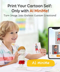 Child playing with AI Powered 3D Printer For Kids With 8 PLA Filament Set And AI Design App Huge Toy Library Fast Print Speeds Up To 400mm Per Second 16 Plus Mini 3D Design Modules App Control X Maker Joy AI, displaying AI MiniMe app on smartphone.