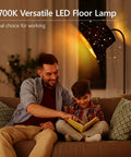 LED Floor Lamp With Linen Shade Tall 67 Inch Standing Lamp Adjustable Gooseneck Modern Reading Light For Cozy Living Room Bedroom Office Farmhouse 12W LED Bulb Included illuminating a family reading.