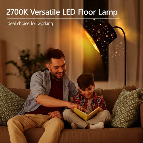 LED Floor Lamp With Linen Shade Tall 67 Inch Standing Lamp Adjustable Gooseneck Modern Reading Light For Cozy Living Room Bedroom Office Farmhouse 12W LED Bulb Included illuminating a family reading.