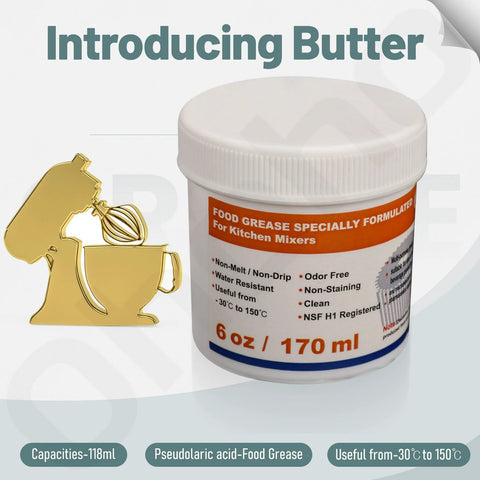 6 oz food-grade grease for KitchenAid stand mixers; white tub with orange label, 170 ml.
