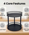 Two Pack Two Tier Lazy Susan Organizer Smooth Rotating Metal Turntable showing 360° features, large capacity, and rust-proof design.