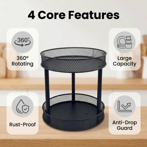Two Pack Two Tier Lazy Susan Organizer Smooth Rotating Metal Turntable showing 360° features, large capacity, and rust-proof design.