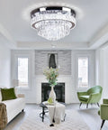 16 Inch Sleek Modern Crystal Chandelier Chrome Flush Mount Ceiling Light Fixture With Five Tiers Led For Dining Room