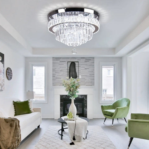 16 Inch Sleek Modern Crystal Chandelier Chrome Flush Mount Ceiling Light Fixture With Five Tiers Led For Dining Room