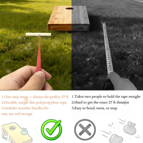 Cornhole Measuring Device 27ft With Silicone Tie And Bag For Regulation Ready Distance Setup And Fast And Accurate Board Alignment Lightweight Varnished Sticks And Low Stretch Rope For Pro Level Games shown with board and rope